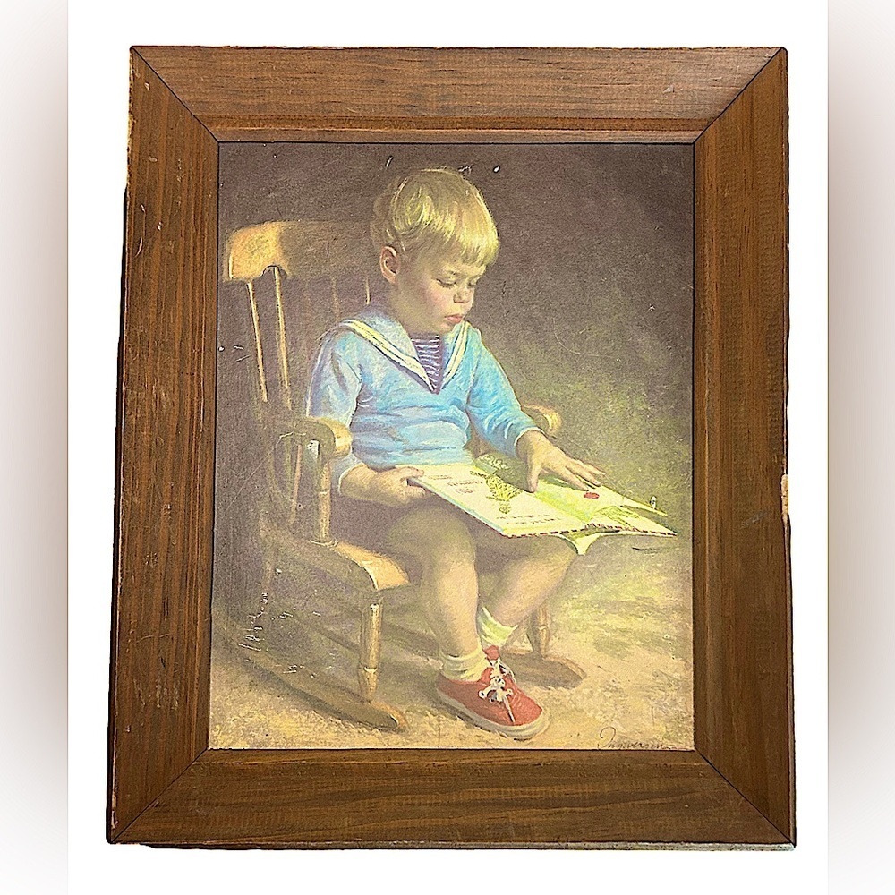 VTG 70s framed folk art “Gary" James Ingersol little boy reading rocking chair